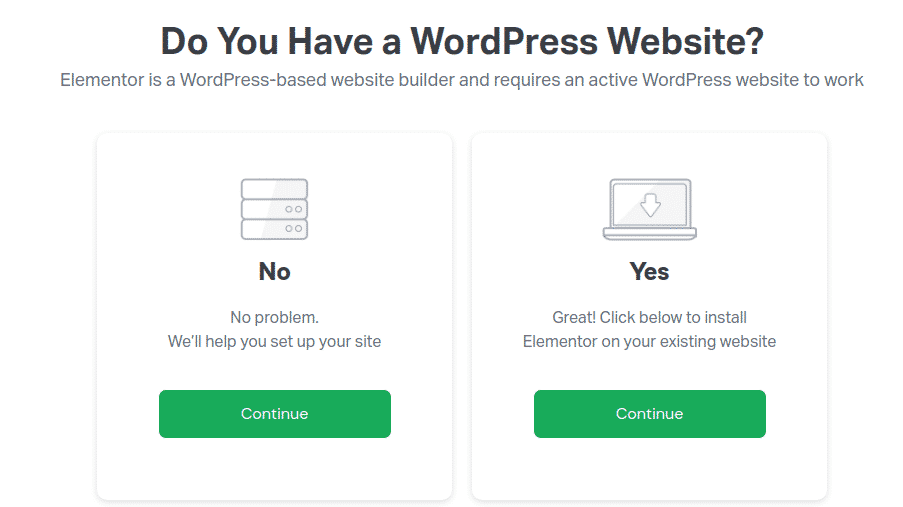 tela de pergunta se você já possui um wordpress ativo ou não