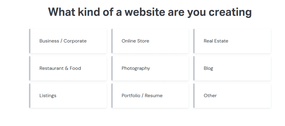 tela para colocar qual o tipo de site você quer criar com o elementor