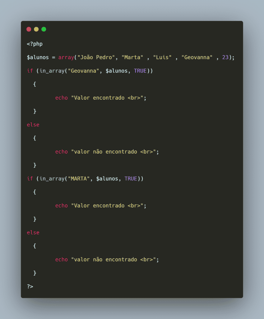 Código PHP Exemplo in_array