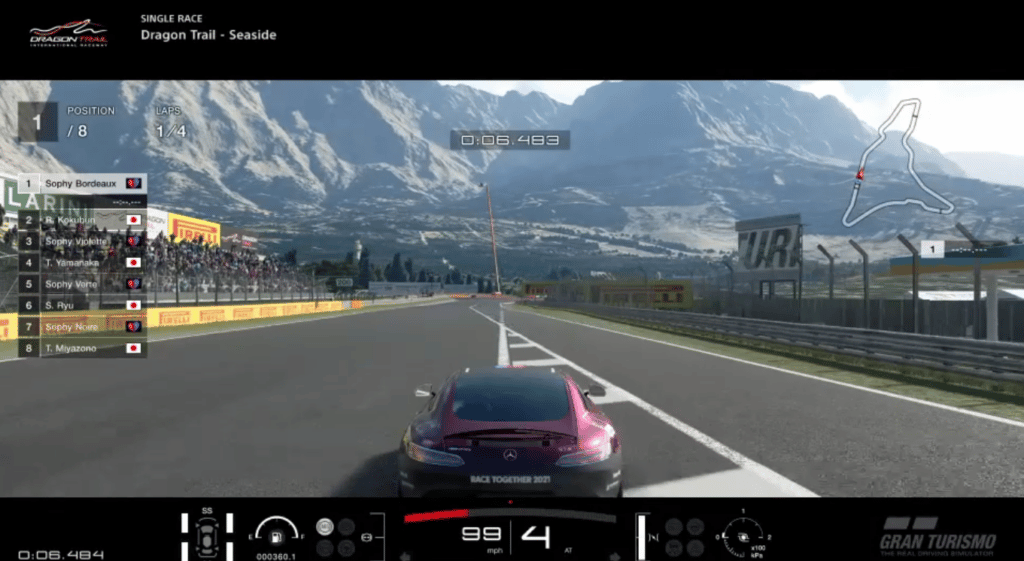 Print de um vídeo disponibilizado pelo artigo em que GT Sophy joga Gran Turismo.