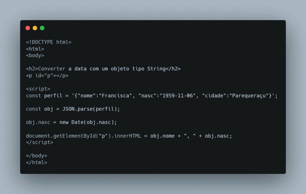 Convertendo datas para objetos string JSON parse