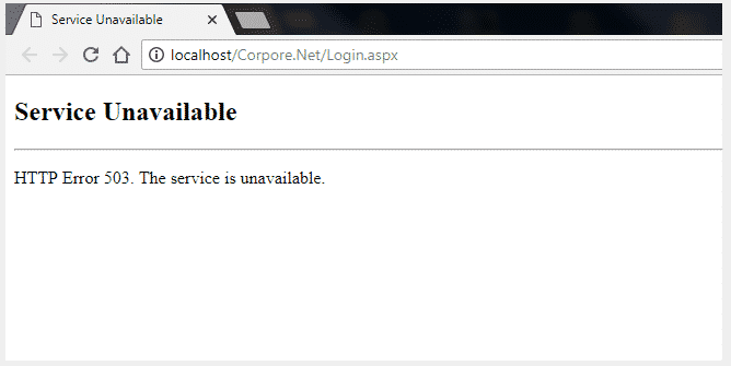 Tela com erro 503 Service Unavailable
HTTP Error 503. The service is unavailable. 