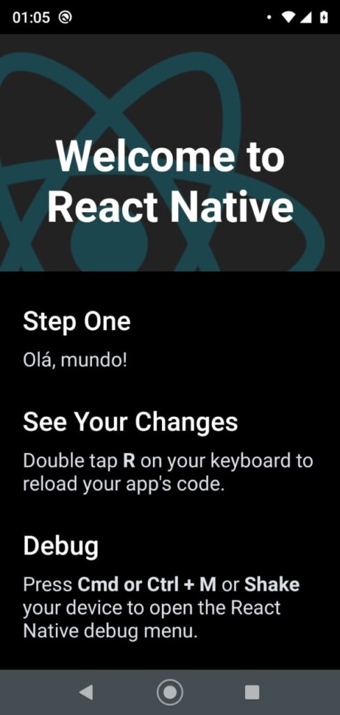 Resultado da alteração na tela de boas-vindas do React Native Android