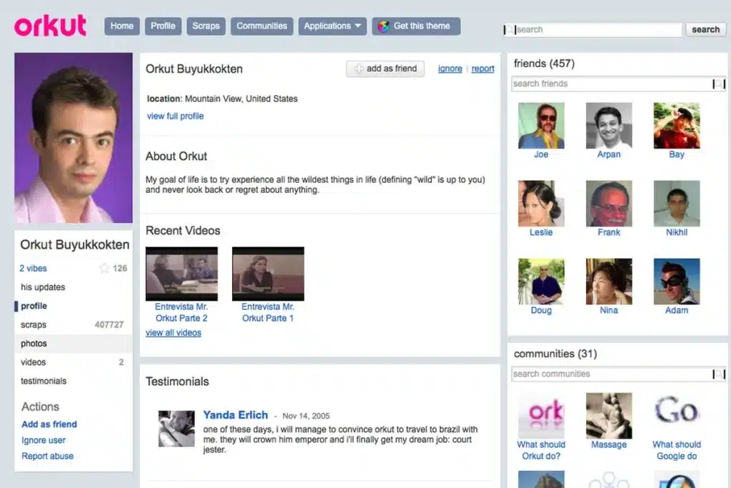 Print da tela inicial do perfil no Orkut