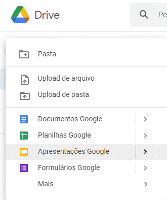 Print da tela do Google Drive para a criação de um portfolio digital. A aba "Nova" está aberta, com a opção "Apresentações Google" selecionada. 