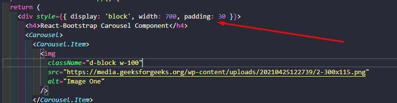 Imagem do código, onde podemos ver que foram adicionados os estilos: "width: 700, padding: 30"