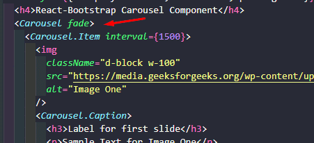 Imagem do código, onde podemos ver que foi adicionada uma animação de fade na linha <Carousel fade>