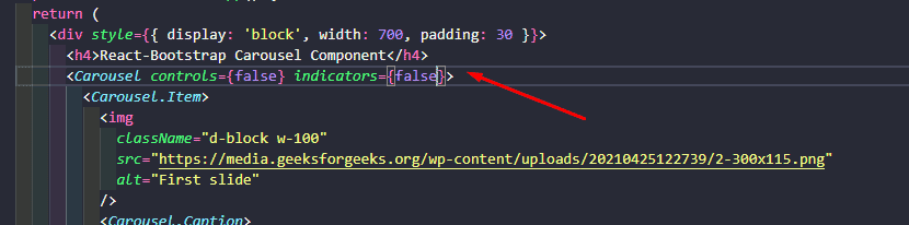 Imagem do código, onde podemos ver que foi adicionada a propriedade na linha <Carousel controls={false} indicators={false}>