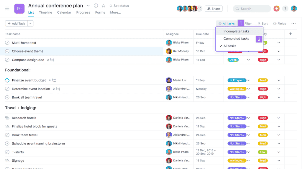 Interface do Asana demonstrando o uso de React Table na ferramenta.