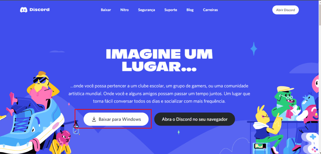 Botão baixar para windows na tela inicial do DIscord