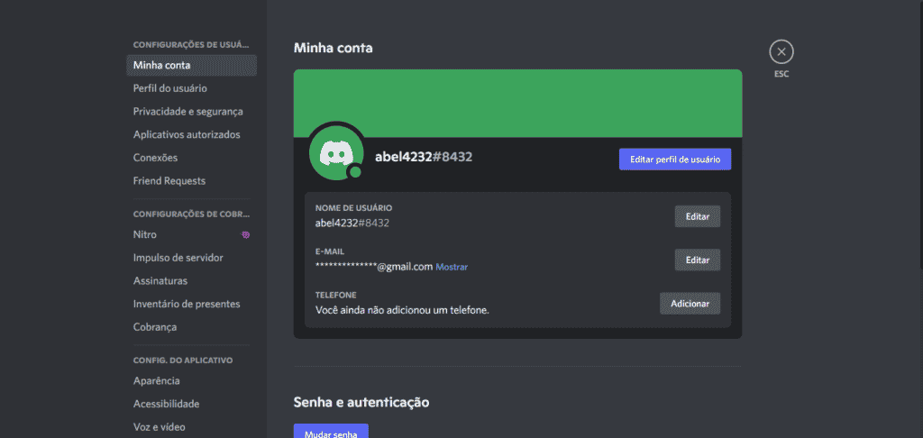 Tela de configurações da conta