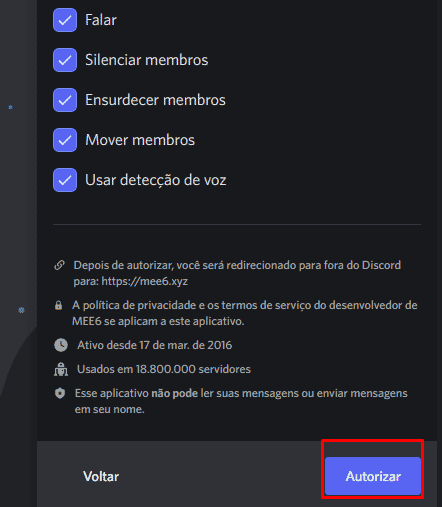 Autorizando o bot do Discord