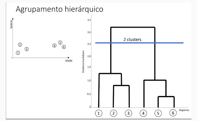 Exemplo de agrupamento hierárquico, no qual vemos dois gráficos, sendo o primeiro uma relação de salário e idade com diversas bolinhas enumeradas, e o segundo uma relação de distância e registros