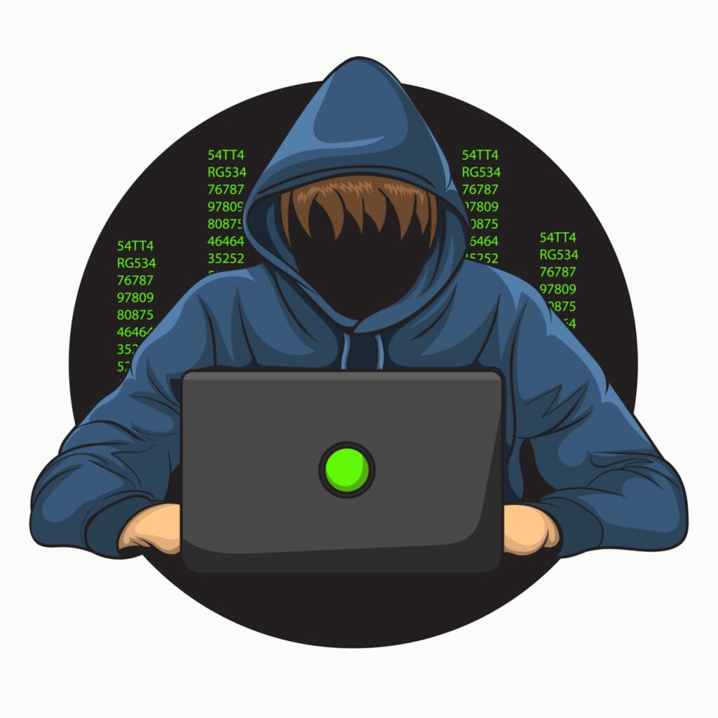 Imagem ilustrativa de um ataque hacker, mostrando a figura de uma pessoa usando capuz, roupas escuras, de frente para um computador. No fundo, vemos sequências de letras e números.