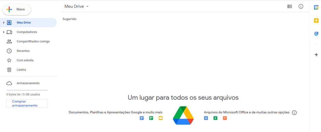 Página principal do Google Drive armazenamento em nuvem