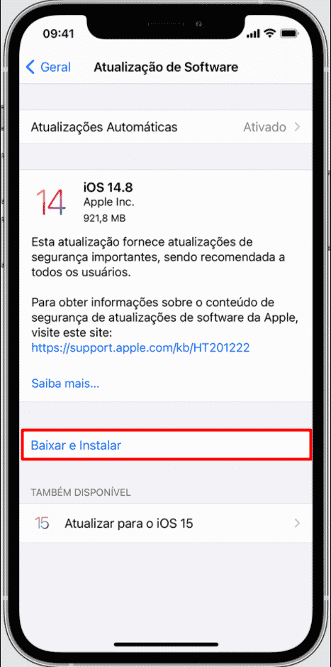 Exemplo de tela de atualização no sistema IOS, com destaque para o botão "baixar e instalar"