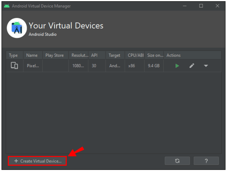 Lista de dispositivos no Android Studio mostrando o botão "create virtual device"