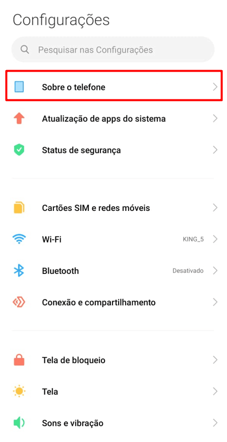 Opção Sobre o Telefone nas configurações Android