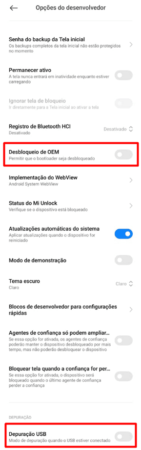 Desbloqueio de OEM e Depuração USB