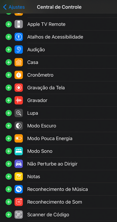 Captura de tela de um smartphone iOS mostrando a Central de Controle