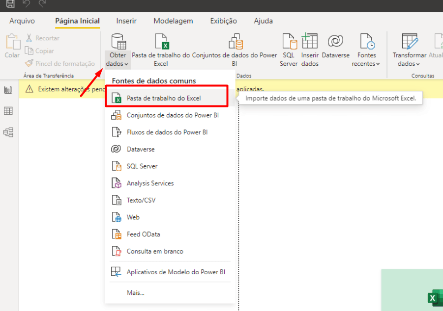 Tela do Excel com uma seta sobre a opção "Obter dados" e um destaque na entrada "pasta de trabalho do Excel"