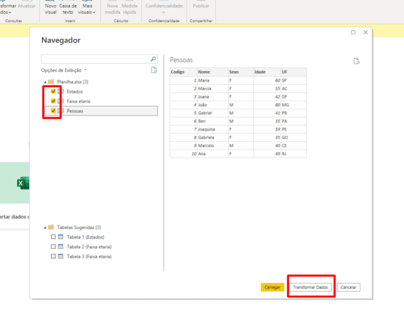 Tela do Excel onde vemos a janela "Navegador" e todas as pastas disponíveis selecionadas, com um destaque no botão "transformar dados"