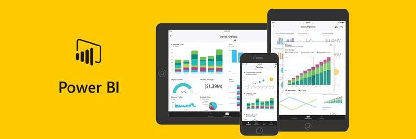 Logo da ferramenta de BI Power BI junto com telas de demonstração de seu funcionamento