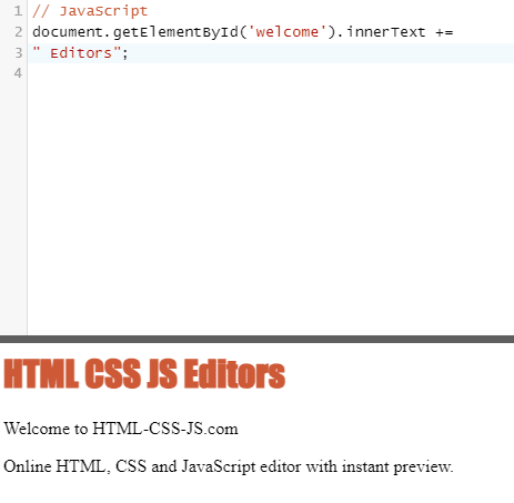 Tela após clicar no botão Run JS com a palavra "Editors" exibida