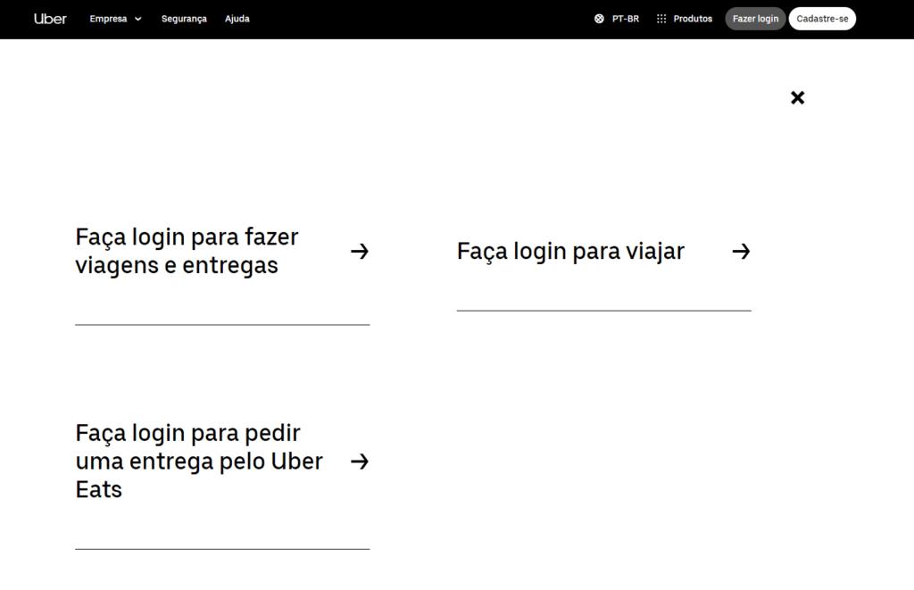 Captura de tela da aplicação web Uber para navegador