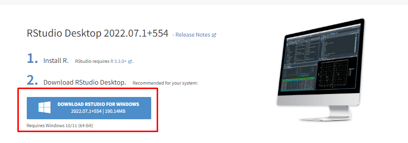 Tela de download do R Studio para Windows, com destaque na opção gratuita
