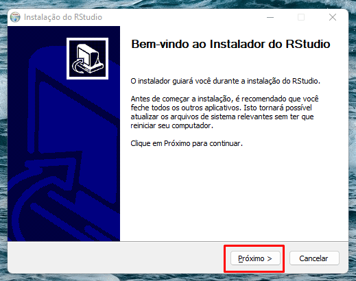 Tela de boas-vindas do instalador do R Studio