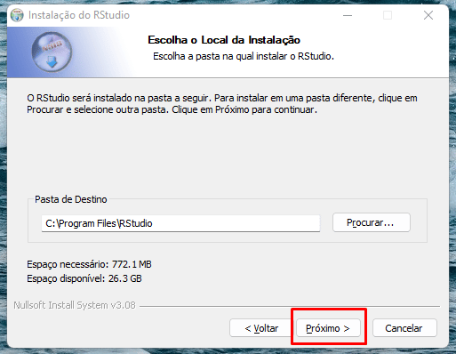 Segunda tela do instalador do R Studio para Windows com destaque no botão "próximo"