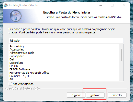 Terceira tela do instalador do R Studio com destaque no botão "instalar"