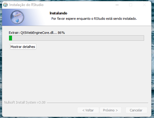 Tela do instalador do R Studio para Windows mostrando a instalação sendo feita através de uma barra de progresso