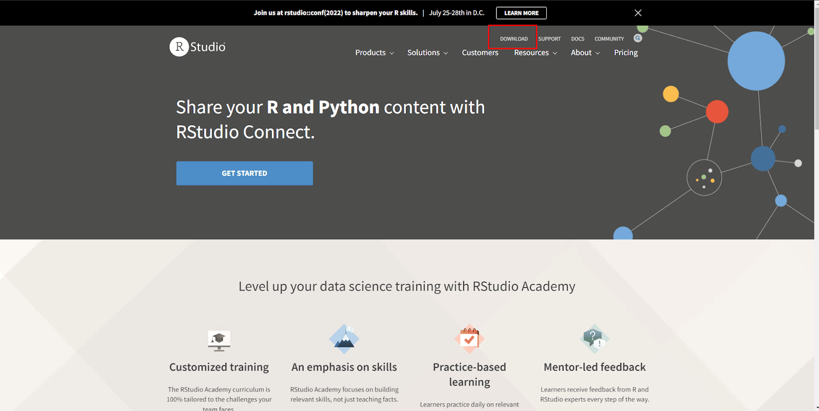 Site do R Studio com destaque no botão "download"
