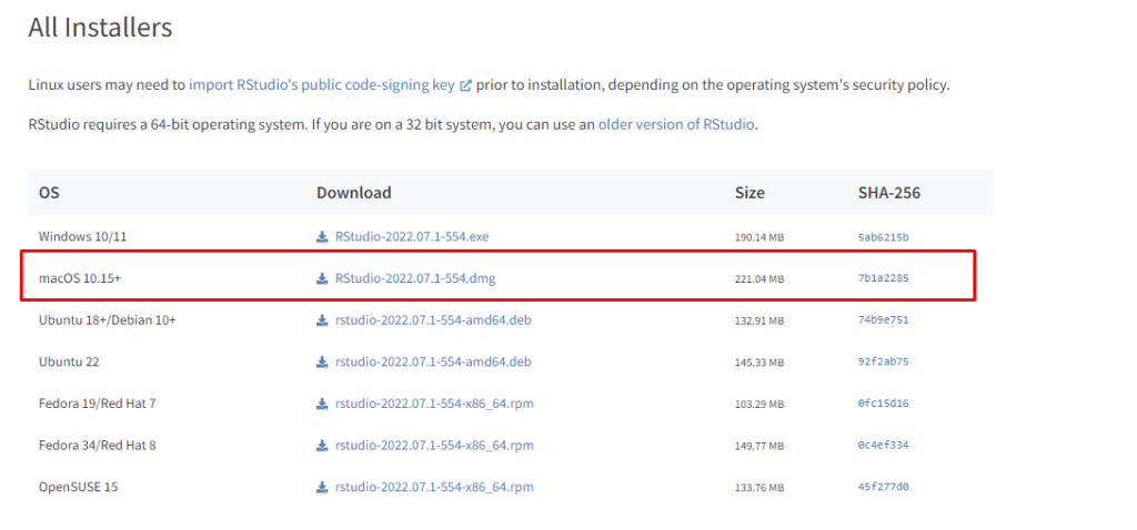 Lista de instaladores executáveis do R Studio, com destaque para o MAC