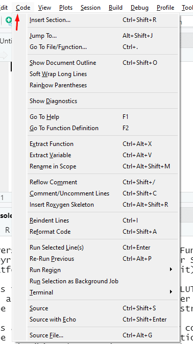 Todas as opções da função code no R Studio