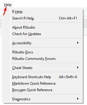 Todas as opções da função help no R Studio
