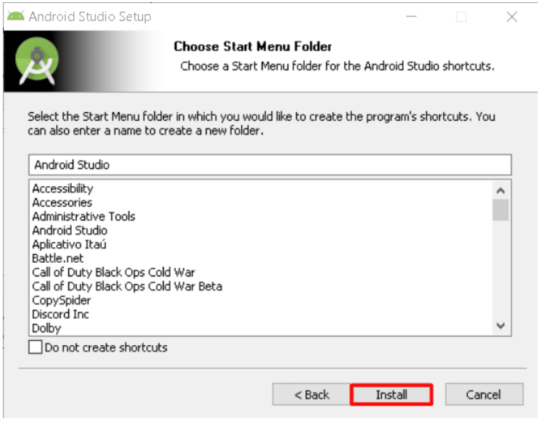 Imagem do instalador do Android Studio, com um grifo no botão "Install"
