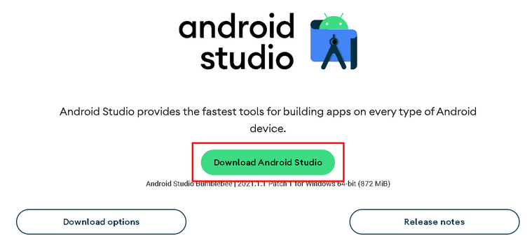 Tela da página de download do Android Studio, mostrando o botão "download Android Studio" com um grifo
