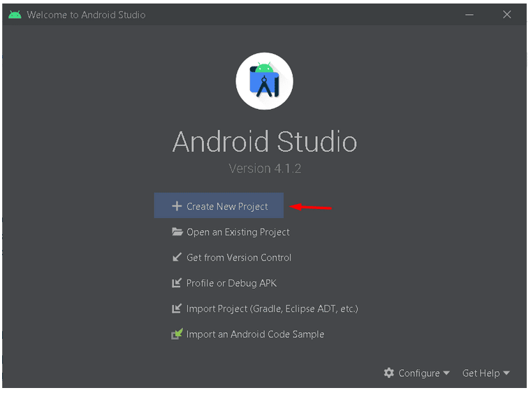 Tela inicial do Android Studio, com uma seta apontando para o botão "create new project"
