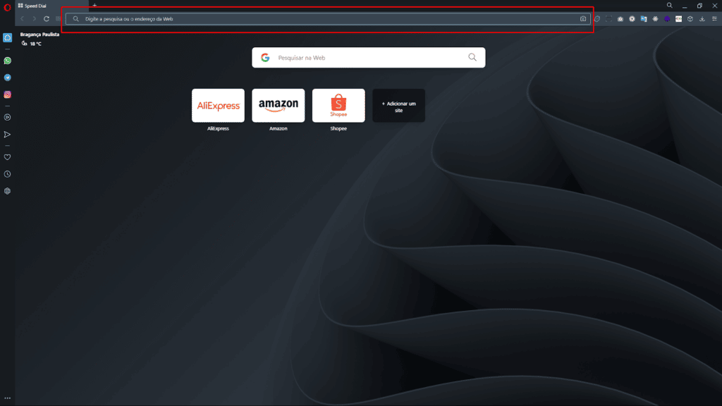 Navegador Opera com destaque na barra de pesquisa