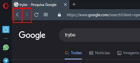 Navegador Opera com destaque nos botões avançar e retornar