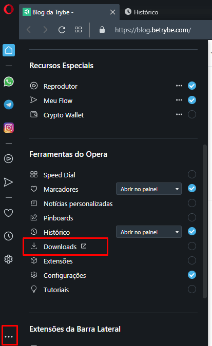 Navegador Opera com destaque no botão de downloads