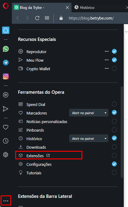 Navegador Opera com destaque no botão de extensões