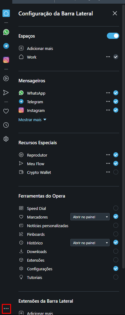 Opções de personalização do navegador Opera
