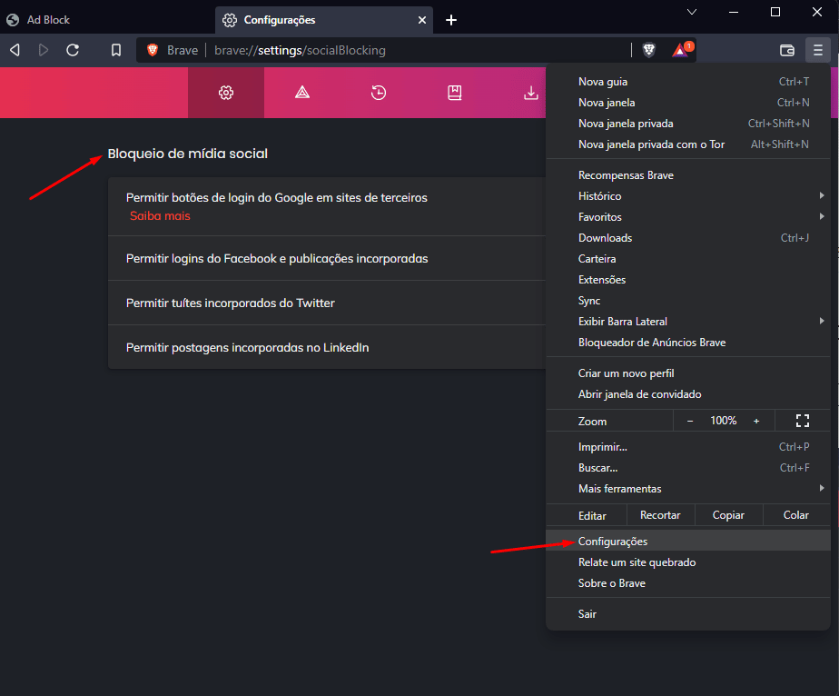 Configuração de bloqueio de redes sociais no navegador Brave