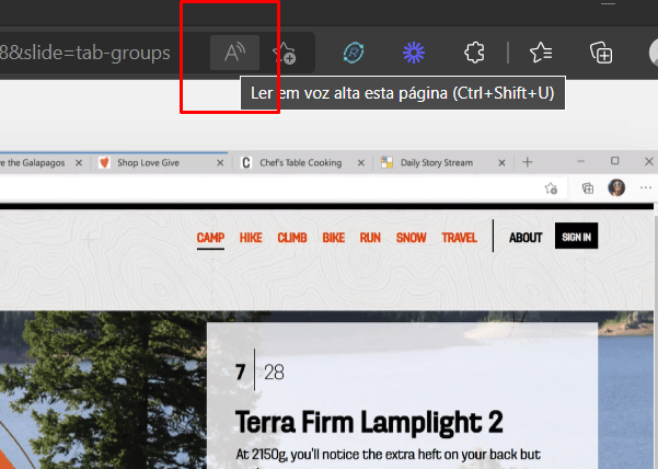 Navegador Edge com destaque no botão de leitura em voz alta