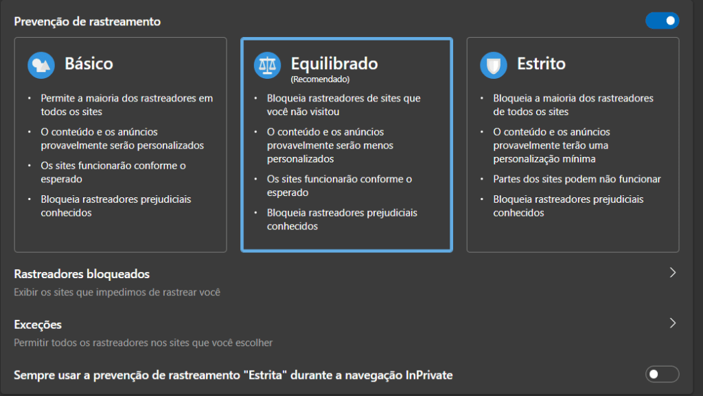 Configurações de privacidade e bloqueio de cookies no navegador Edge