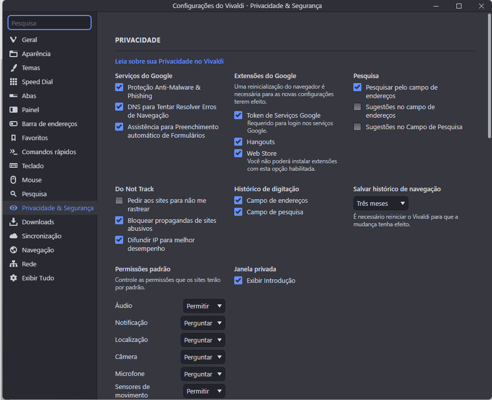 Painel de privacidade do navegador Vivaldi